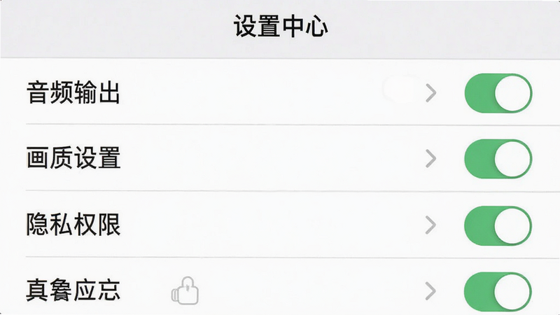 及象乐园APP的设置页面,主体是列表式设置选项,包括“音频输出”、“画质设置”、“隐私权限”等,布局为垂直列表,风格为iOS或Android原生设置风格,色彩为灰白搭配,细节处有开关控件,画质清晰,干净,无多余元素,文字