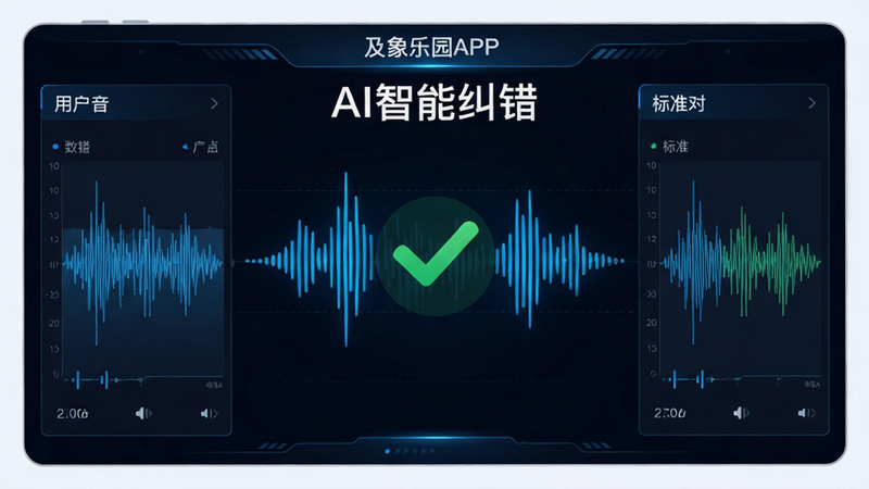 及象乐园APP的AI纠错界面,主体是一个声波波形图,中间有一个绿色的对勾标志,周围有数据分析面板,布局为左右分栏,左侧是用户音频波形,右侧是标准波形对比,风格为科技感数据可视化,色彩以深色背景配亮蓝线条,细节清晰,画质高清,干净,无多余元素,文字