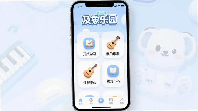 主体为及象乐园APP的主界面展示,布局采用居中对称设计,顶部是醒目的“及象乐园”Logo,中间区域分布着大图标按钮如“开始学习”、“我的乐器”、“课程中心”,底部是导航栏,风格为现代扁平化UI设计,色彩以柔和的淡蓝色和白色为主,细节处有细微的光影效果,画质高清,干净,无多余元素,文字清晰可见
