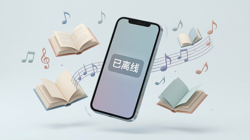 一部智能手机悬浮在空中,手机屏幕显示“已离线”图标,周围环绕着书本和音符的元素,象征离线学习,背景纯净,色彩柔和,高质量,无多余元素