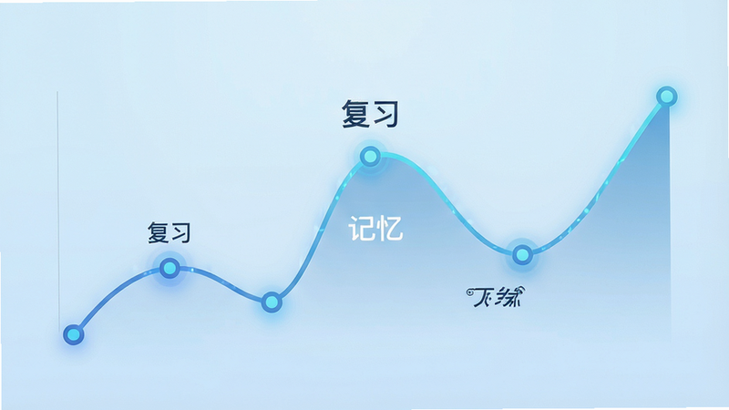 一个抽象的记忆曲线图表,线条流畅,节点清晰,背景是淡蓝色的渐变,图表上标注着“复习”、“记忆”等关键词,风格现代简约,科技感强,高质量,无多余元素