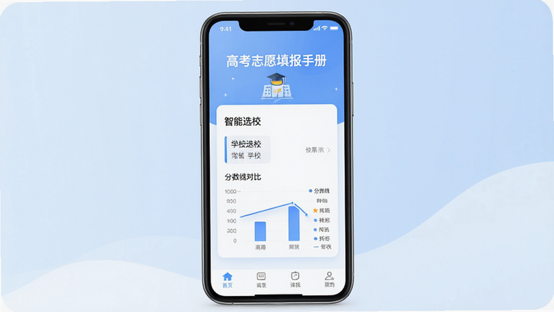һ��չʾ���߿�־Ը��ֲᡱAPP�����UI���ͼ����Ļ������ʾ������ѡУ������ģ�飬����Ϊ����ɫ���䣬�Ϸ��С��߿�־Ը��ֲᡱ�������������ѧУ�б��������߶Ա�ͼ����������ִ������壬�޶���Ԫ��