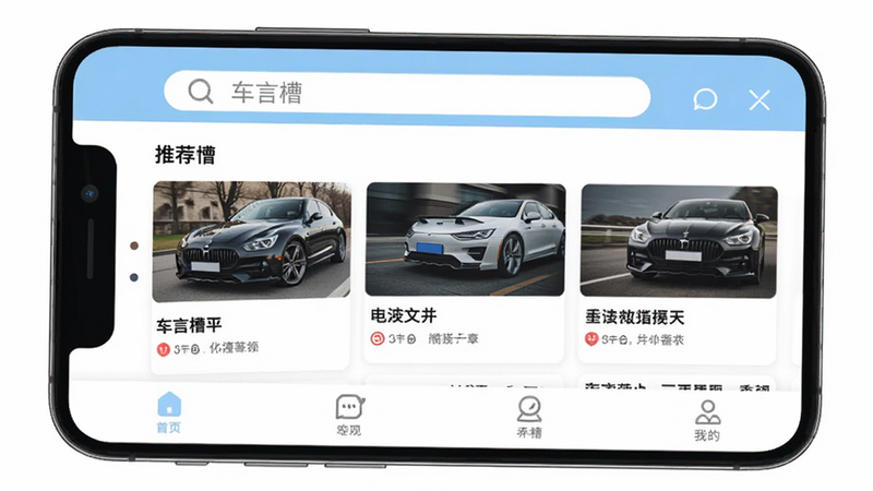 ����Ϊ�ֻ���Ļ���棬��ʾ�����Բۡ�APP��ҳ����������������Ϊ���������в�Ϊ�Ƽ����¿�Ƭ����������ͼƬ�ͱ��⣬�ײ�Ϊ������������ƽ����ƣ�ɫ���԰�ɫ��ǳ��ɫΪ����ϸ�ڷḻ�����������ɶ������ʸ��壬�ɾ��޶���Ԫ��
