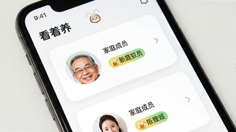 手机界面,显示“看着养”APP的成员管理页面,布局卡片式,风格友好,细节展示成员头像与权限标签,文字标注“家庭成员”,画质清晰,干净无多余元素