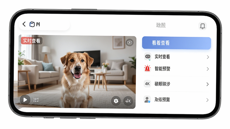主体为“看着养”APP的手机屏幕界面,布局清晰,左侧显示实时视频窗口,右侧为功能菜单,排版整洁,风格现代简约,细节处体现高清画质,文字清晰标注“实时查看”、“智能预警”,画质4k,干净无多余元素