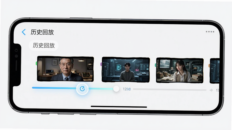 手机界面,显示“看着养”APP的时间轴回放界面,布局横向排列时间滑块,风格科技感,细节展示视频缩略图,文字标注“历史回放”,画质清晰,干净无多余元素