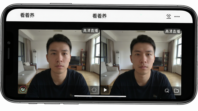手机屏幕特写,显示“看着养”APP内的双屏监控界面,画面清晰,布局对称,风格写实,细节展现摄像头视角,文字标注“高清直播”,画质高保真,干净无多余元素