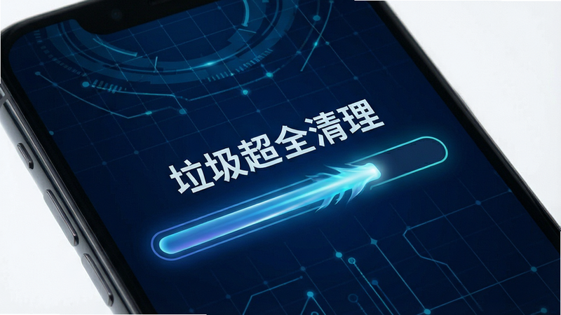 手机界面展示扫描进度条,背景为深蓝色科技感网格,前景显示