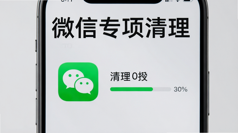 手机屏幕显示微信图标与清理进度,背景为浅灰色,文字标注