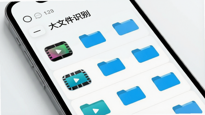 手机界面展示大文件列表,图标为视频和文件夹,背景为白色,文字标注