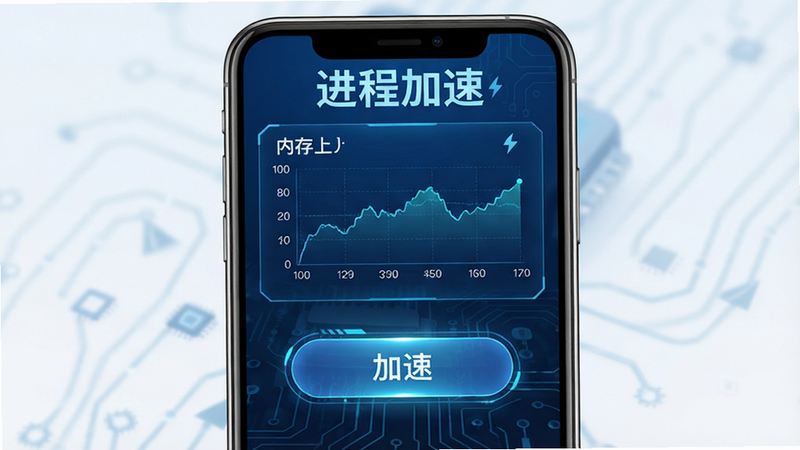手机屏幕显示内存占用图表与加速按钮,背景为科技感蓝色,文字标注