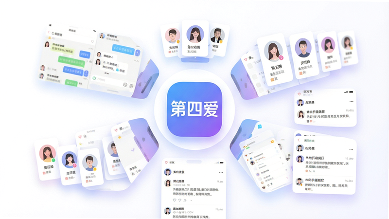 主体为第四爱APP界面全景展示,布局采用中心辐射式排版,中央显示