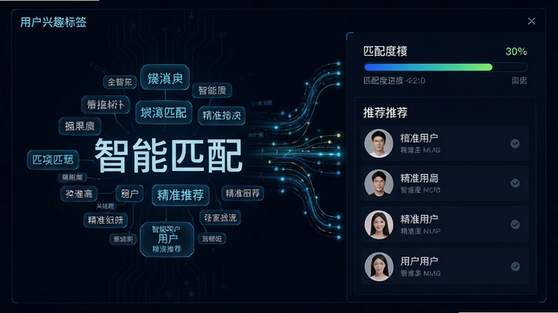 主体为智能匹配算法可视化界面,布局为左右分栏,左侧显示用户兴趣标签云,右侧显示匹配度进度条与推荐用户列表,风格为科技感线条图,细节包含数据流动光效,画质清晰,干净无多余元素,文字显示