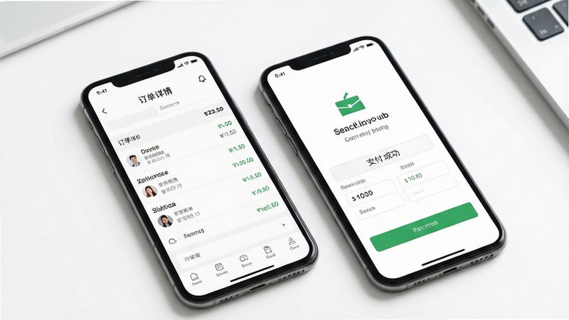 手机界面展示订单详情与支付成功页面,背景为简洁白色,布局清晰,排版规范,风格商务简约,细节完整,画质高清,干净无多余元素