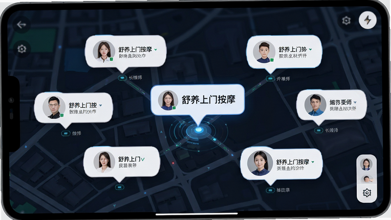 地图界面截图,中心点标记“舒养上门按摩”用户位置,周围显示多个技师头像气泡,布局直观,排版清晰,风格科技简约,细节标注准确,画质高清,干净无多余元素