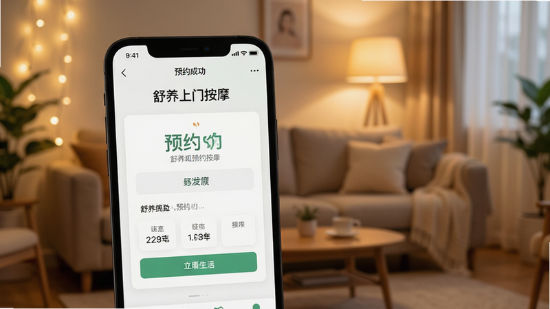 手机屏幕特写,显示“舒养上门按摩”APP界面,背景为温馨的居家客厅环境,暖色调灯光,主体清晰展示预约成功页面,布局简洁,排版现代,风格温馨舒适,细节丰富,画质高清,干净无多余元素