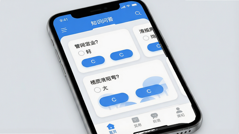 一张高清的智能手机屏幕截图,屏幕中央显示着“知识问答”APP的主界面,界面设计简洁清新,采用蓝白配色,顶部有清晰的导航栏,中间区域展示着几道选择题卡片,选项按钮圆润醒目,底部有简单的菜单栏,背景为柔和的浅灰色,整体风格现代、干净、无多余元素,高清画质