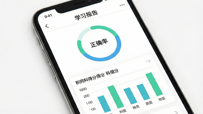 手机APP界面展示,屏幕显示“学习报告”页面,包含一个环形进度图显示正确率,下方有柱状图展示不同科目的得分情况,界面配色清新,数据可视化清晰,背景白色,高清,干净,无多余元素