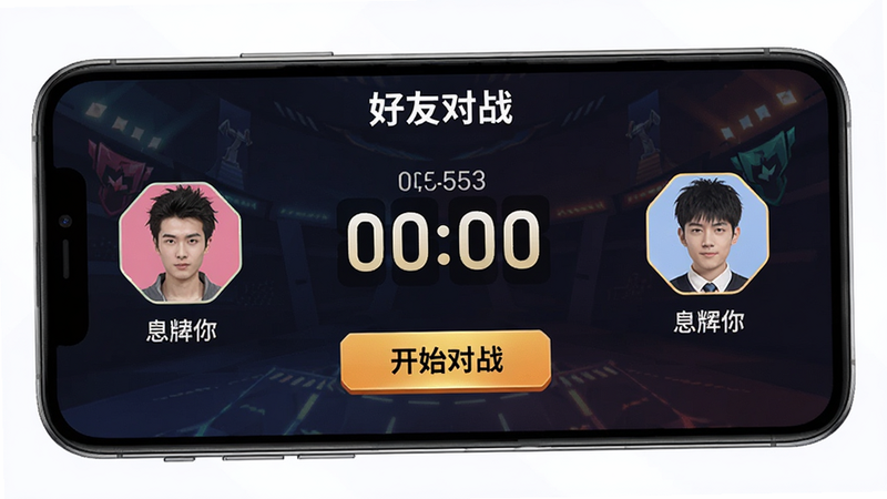 手机APP界面展示,屏幕显示“好友对战”页面,左侧和右侧分别显示两个用户的头像和昵称,中间有一个倒计时器和“开始对战”按钮,背景带有轻微的竞技氛围元素,高清,干净,无多余元素