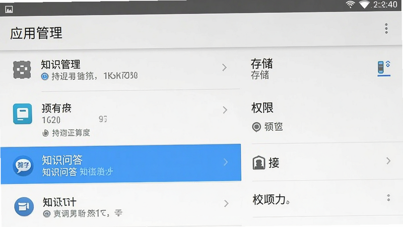 手机设置界面截图,显示“应用管理”列表,其中“知识问答”被高亮选中,右侧有“存储”、“权限”等选项,界面风格为安卓原生风格,高清,干净,无多余元素