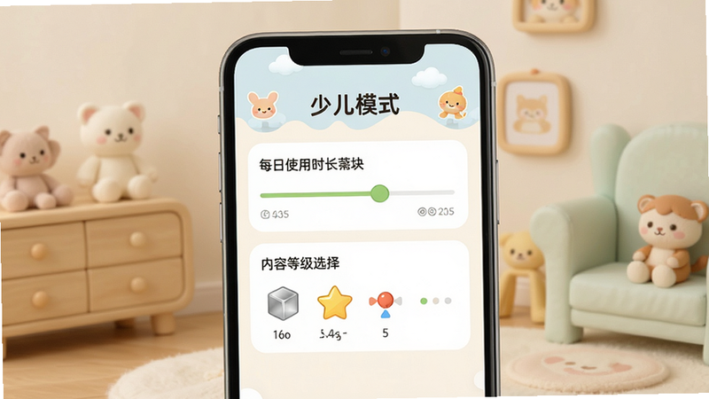 手机APP界面展示,屏幕显示“少儿模式”设置页面,包含“每日使用时长滑块”和“内容等级选择”选项,界面温馨可爱,高清,干净,无多余元素