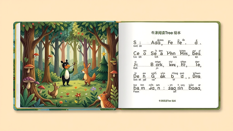 主体是一本打开的精装绘本,左侧页面是色彩斑斓的森林场景,右侧页面是对应的英文文本和音标,背景是柔和的米色,布局对称,排版优雅,风格为写实插画,细节丰富,画质高清,干净,无多余元素,文字包含