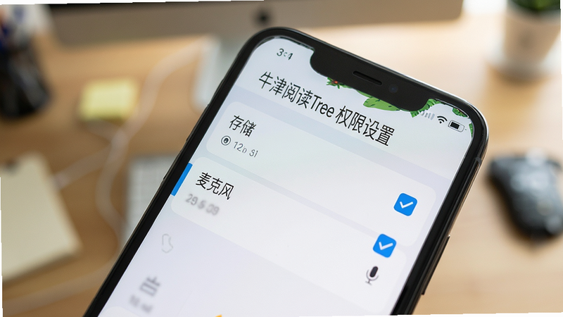 主体是一个手机屏幕特写,显示着权限设置界面,其中