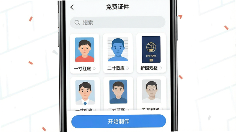 主体为手机界面截图,布局居中显示“免费证件”APP的主界面,顶部为搜索栏,中间网格排列“一寸红底”、“二寸蓝底”、“护照规格”等模板卡片,底部为“开始制作”按钮,风格为扁平化UI设计,细节清晰,画质高清,干净,无多余元素
