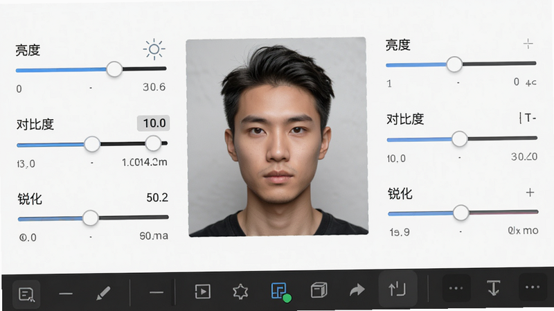 主体为编辑界面,显示一个人像头像,周围环绕着调节滑块,包括“亮度”、“对比度”、“锐化”,布局为中央人像+底部工具栏,风格极简主义,细节展示滑块数值变化,画质高清,干净,无多余元素