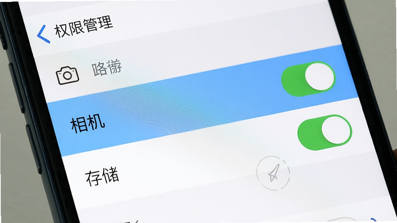 主体为手机设置界面,显示“权限管理”列表,高亮显示“相机”和“存储”权限开关为开启状态,布局为列表形式,风格系统原生UI,细节展示开关状态,画质清晰,干净,无多余元素