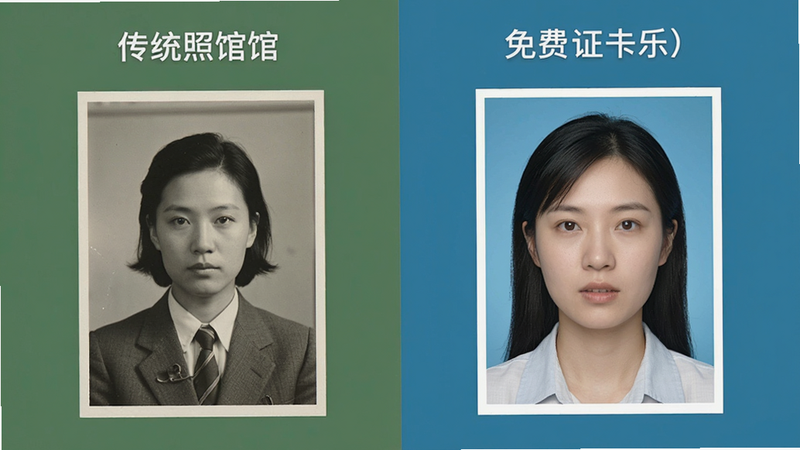 主体为对比图,左侧是传统照相馆照片,右侧是免费证件APP生成的照片,两者并排展示,布局左右对比,风格写实,细节展示背景色的纯度,画质高清,干净,无多余元素