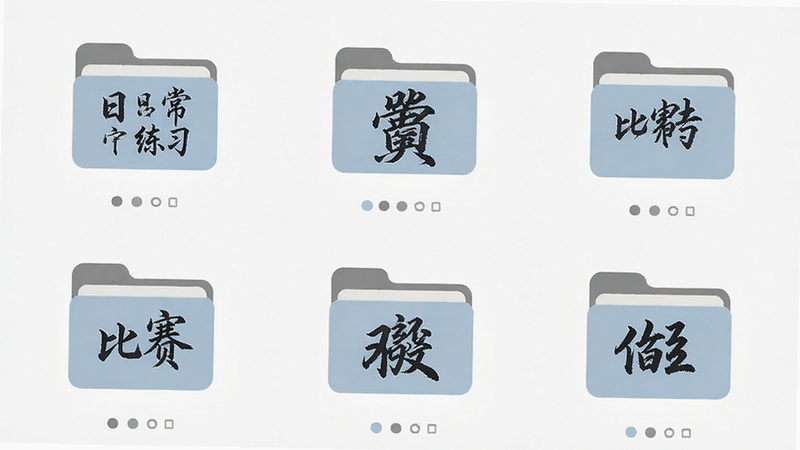 主体为书法字帖应用的收藏管理界面,布局为网格状图标展示,排版规整,风格为现代扁平化,细节展示用户自定义的