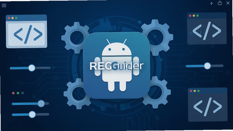 一张展示 REGuider 软件界面的概念图,主体为深蓝色科技风格背景,中央悬浮着名为