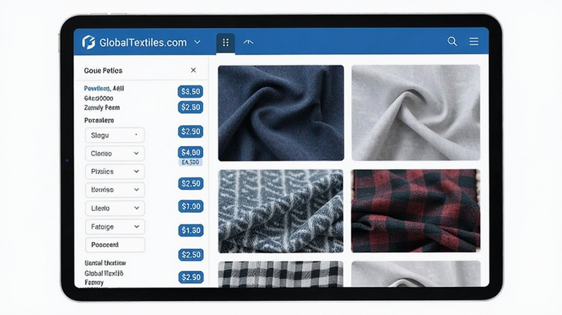 ����Ϊƽ�������ʾGlobalTextiles.com�����б�������Ϊ���ҷ��������Ϊɸѡ�������Ҳ�Ϊ���ϴ�ͼ���Ű�������򣬷��Ϊ�Ƽ���������ɫ��ϸ�ڰ����۸��ǩ�Ͳ��ر�ʶ�����ʸ��壬�ɾ����޶���Ԫ��