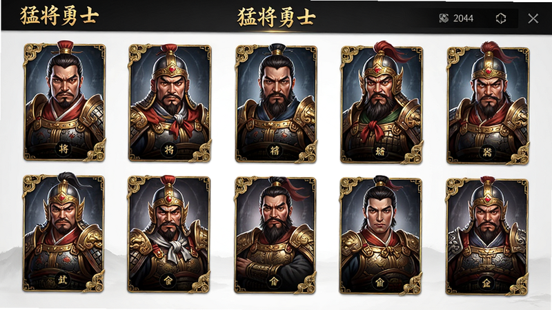 主体为《猛将勇士》武将选择界面,布局展示多张精美武将卡牌,排版整齐有序,风格为古典与现代结合,细节展现武将面部表情与服饰细节,画质高清,干净无多余元素,包含文字
