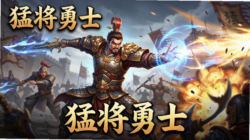 主体为《猛将勇士》战斗场景,布局展示武将释放技能的瞬间,排版动感十足,风格为特效华丽的战斗画面,细节呈现技能光效与爆炸特效,画质高清,干净无多余元素,包含文字