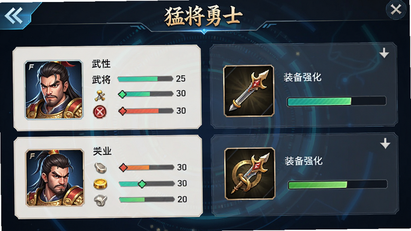 主体为《猛将勇士》养成界面,布局展示武将属性提升与装备强化选项,排版简洁明了,风格为科技感与古典结合,细节呈现数值变化与进度条,画质高清,干净无多余元素,包含文字