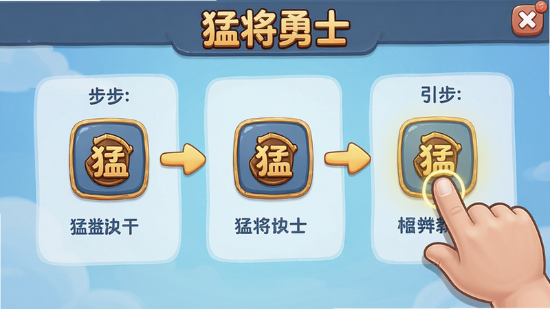 主体为《猛将勇士》新手教程界面,布局展示步骤指引与图标说明,排版清晰易读,风格为友好亲切的引导界面,细节呈现手指点击图标动作,画质高清,干净无多余元素,包含文字