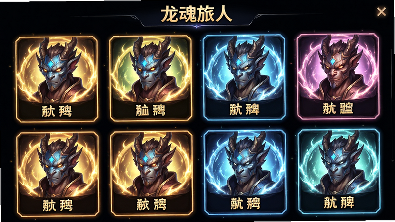 主体为“龙魂旅人”角色选择界面,布局为网格状卡片展示,每张卡片包含角色头像与名字,排版整齐,风格为高饱和度的幻想风,细节处有光晕效果,画质高清,干净,无多余元素