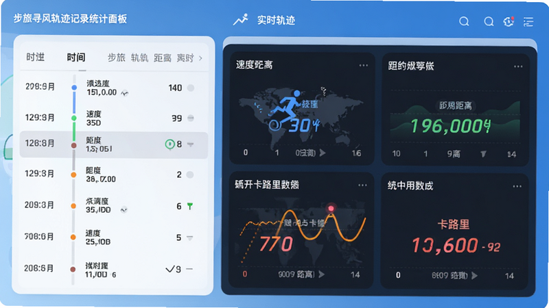主体为步旅寻风轨迹记录统计面板,布局分为左右两部分,左侧为时间轴列表,右侧为实时数据仪表盘,排版紧凑有序,风格扁平化UI设计,细节展示速度、距离、卡路里数值跳动效果,画质细腻,干净背景,文字显示“实时轨迹”