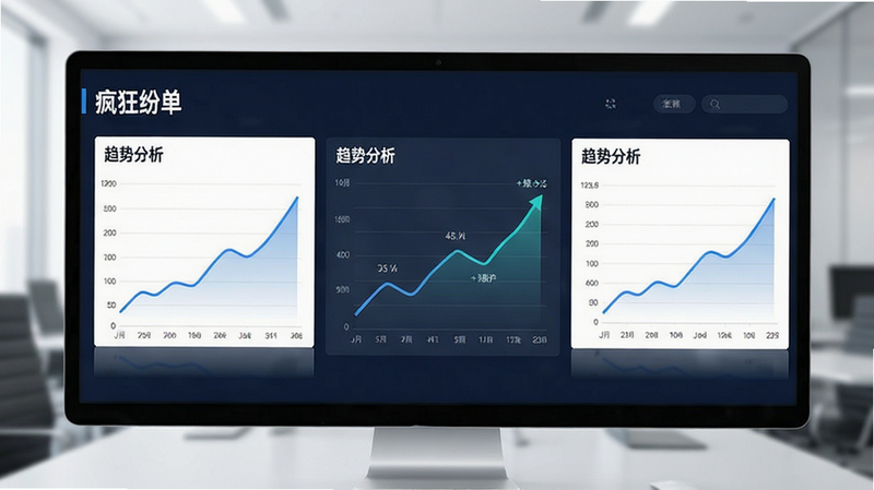 主体为“疯狂红单”数据分析页面,布局包含三个主要图表区域,排版对称平衡,风格商务专业,细节展示折线图上升趋势,画质高清,干净无多余元素,文字内容包含“趋势分析”
