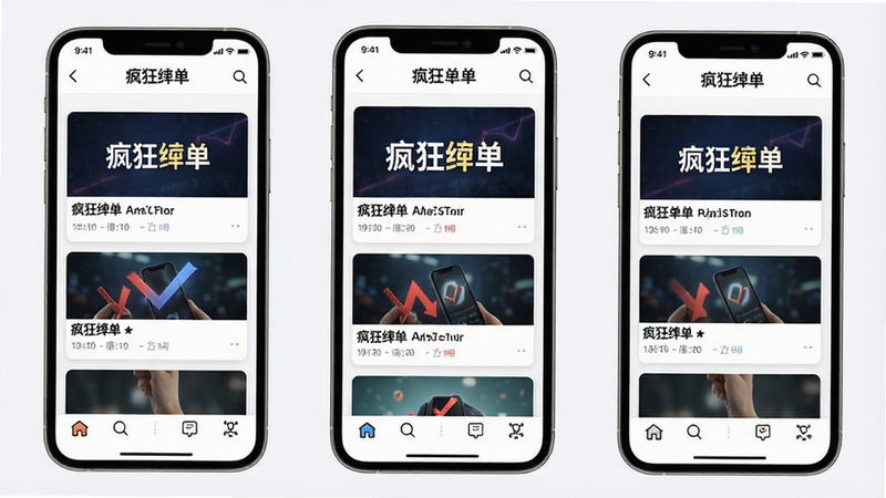 主体为“疯狂红单”手机应用界面全景,布局采用卡片式流媒体设计,排版整齐,风格现代简约,细节包含顶部导航栏与底部功能图标,画质高清,干净无多余元素,文字内容包含“疯狂红单”
