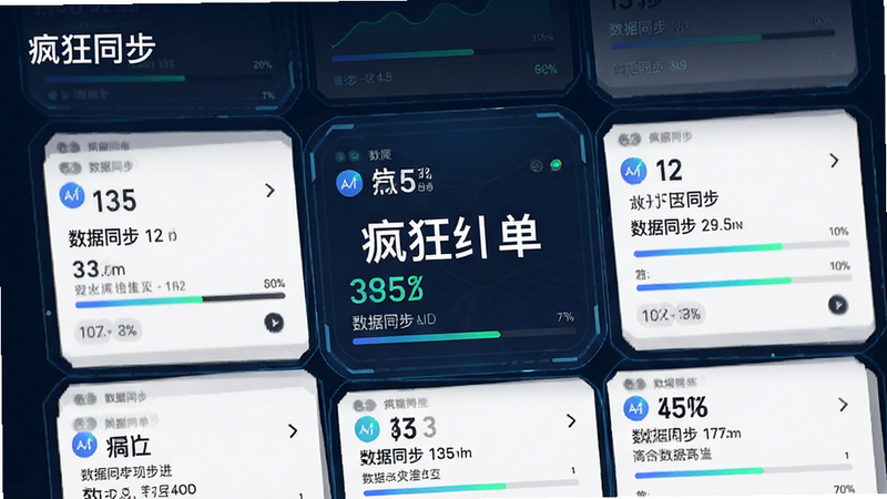 主体为“疯狂红单”数据聚合功能演示,布局展示多条信息流卡片,排版紧凑有序,风格科技感强,细节显示数据同步进度条,画质清晰,干净无多余元素,文字内容包含“数据同步”