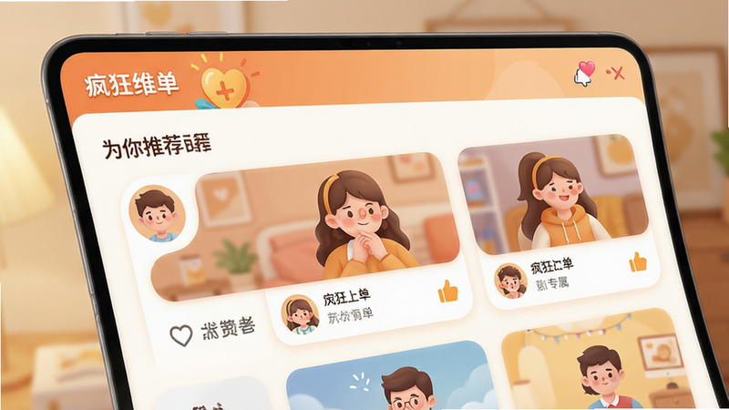 主体为“疯狂红单”个性化推荐界面,布局展示用户专属内容列表,排版灵活自适应,风格温馨友好,细节显示用户头像与点赞图标,画质细腻,干净无多余元素,文字内容包含“为你推荐”