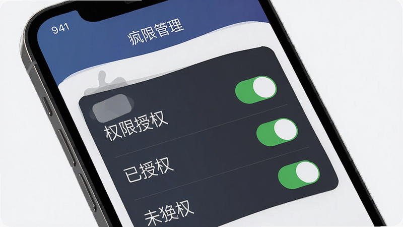 主体为“疯狂红单”移动端设置界面,布局展示权限开关列表,排版清晰易读,风格简洁明了,细节显示已授权与未授权状态,画质高清,干净无多余元素,文字内容包含“权限管理”