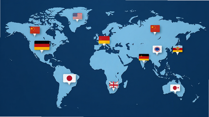 世界地图背景,上面标注了AITIR支持的主要语言国旗图标,如中国、美国、日本、德国等。风格简洁现代,蓝色调,高清,无多余元素