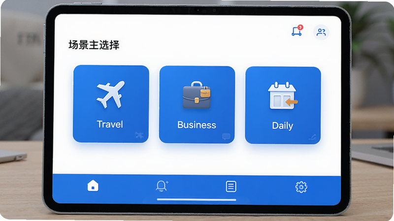 AITIR应用主界面展示,显示场景选择卡片,包括