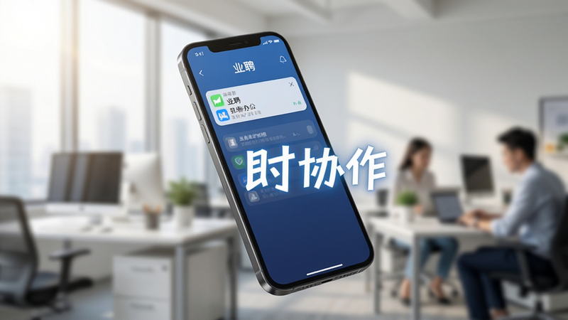 һ�������ֻ������ڿ��У���Ļ��ʾ��ҵƸ��APP����Ϣ֪ͨ���棬������ģ���İ칫�ҳ�����������ͣ�ͻ���ƶ��칫�ı���ԣ����֡���ʱЭ����������ʾ�����дʵ������ϸ�壬�����ұ���