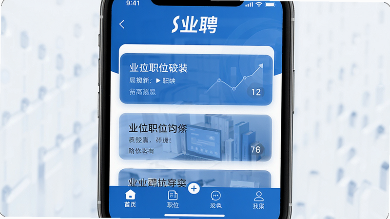 һ��չʾ��ҵƸ��APP��ҳ������Ƶĸ���ͼ������Ϊ�ֻ���Ļ���������࣬������ʾ��ҵƸ��Logo���м���ְλ�б���Ƭ���ײ��е�����������ִ���������ϸ������������4k���ɾ��޶���Ԫ��