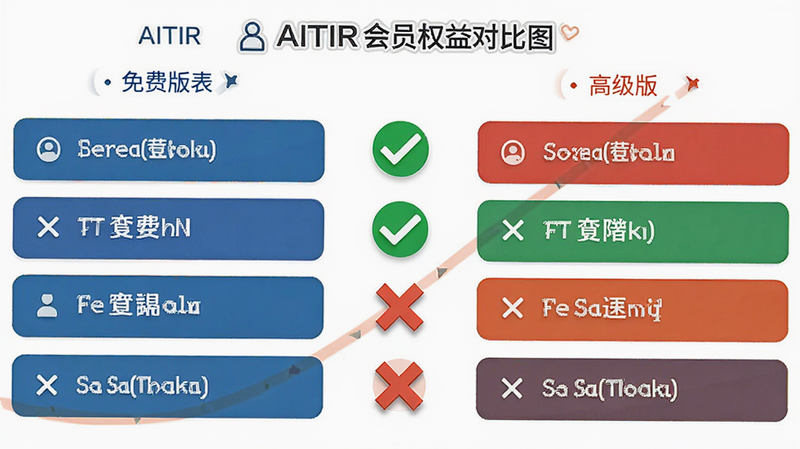 AITIR 会员权益对比图,左侧为免费版功能列表,右侧为高级版功能列表,中间用对勾和叉号区分,背景简洁白色,文字清晰,体现软件的价值主张,平面设计风格,干净,无多余元素